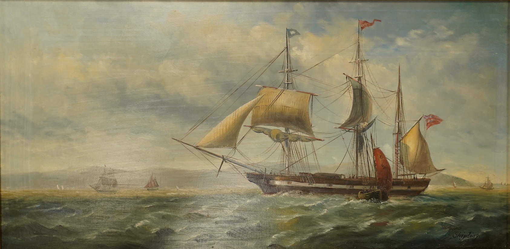 Shipling, oil on board, British naval ships before a coastline, signed, 19 x 39cm, gilt framed. Condition - fair, losses to the frame